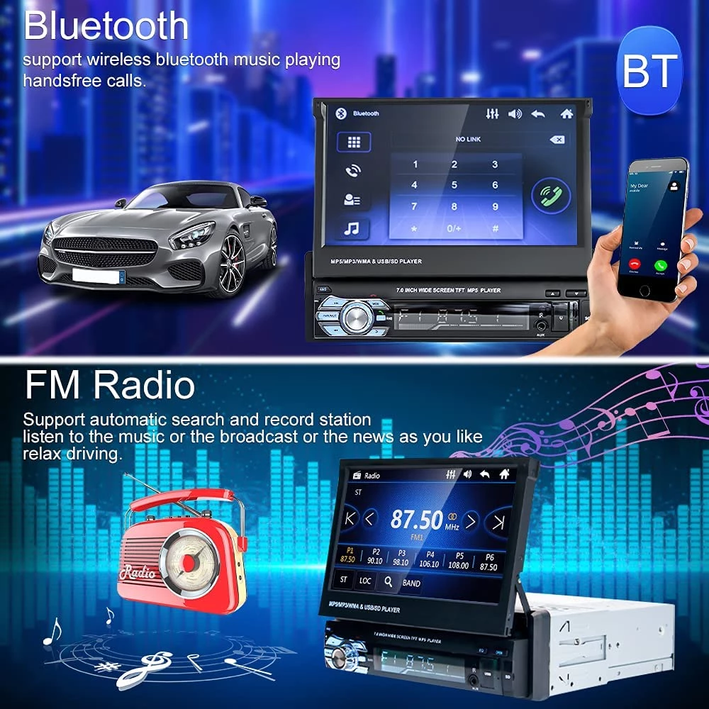 Autoradio 1 DIN rétractable MP3/MP5